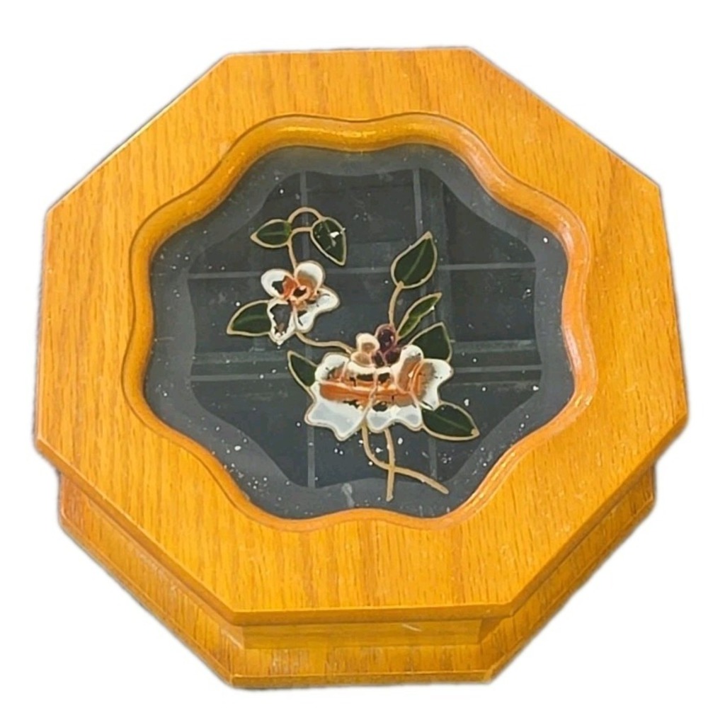 VTG Wooden Octagon Jewelry Box Floral Etched Glass Lid Mirror Inset Small 70s